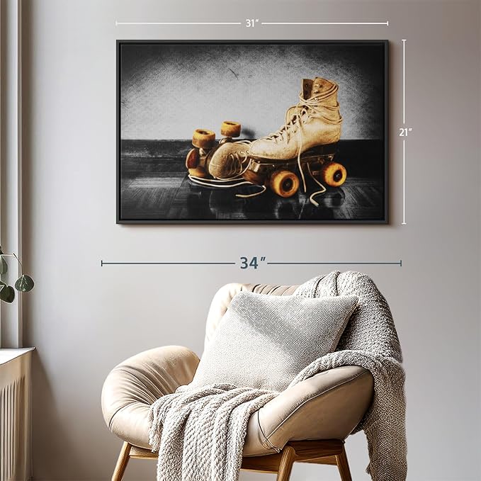 ElephantStock Vintage Skates Pop Wall Art - Horizontal Framed Canvas - 1-Piece Living Room Wall Decor - Sport Photography Canvas Print - Beige and Black Decor for Wall - 31" X 21"