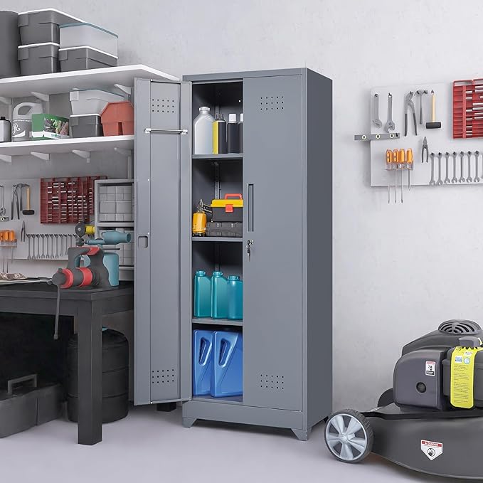 Storage Cabinet,Metal Locking Cabinets with Doors and Shelves,Functional Garage Storage Cabinet for Garage, Home Office,Gray