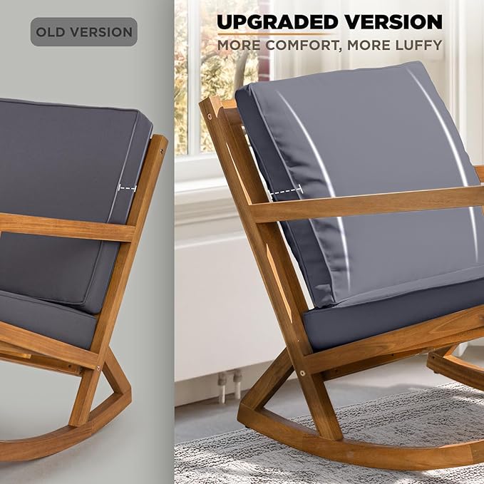 IDZO Club Rocking Chair 500lbs Capacity with Inclined Backrest, Thick Foam Cushion, Solid Acacia Wood Rocker for Patio, Backyard, Balcony, Porch, Grey