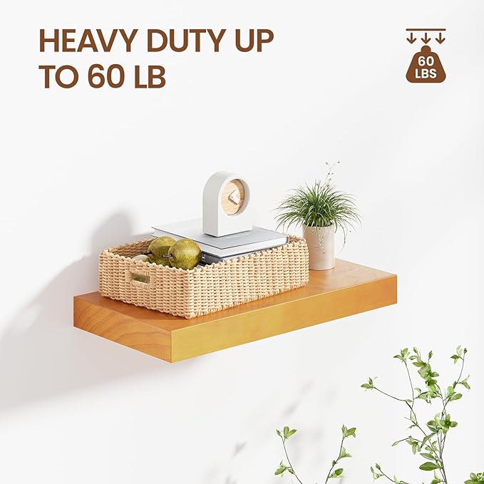 Heimlove Wooden Floating Shelves for Wall,2 Packs 16 inches Natural Pine Solid Wood Bathroom Shelf Over Toilet Decor and Storage 8 inches Deep for Kitchen Bedroom Office & Living Room Wall Decor