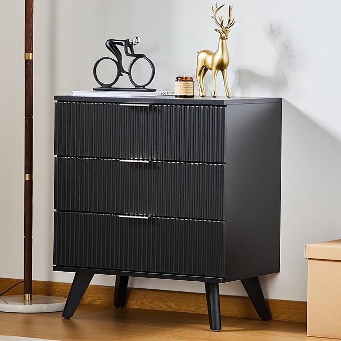 Fluted 3 Drawer Dressers, Modern Closet Dressers Chest of Drawers, Wood Storage Dresser Chest of Drawers Organizer for Bedroom Living Room Hallway Closet,Black, 2 Sets