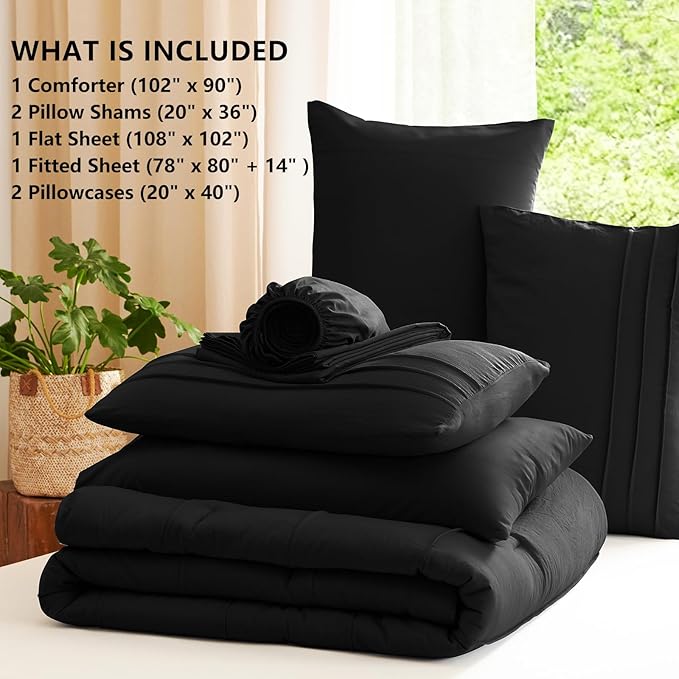 CozyLux King Size Comforter Set Black, 7 Pieces Soft Pinch Pleat Bed in a Bag King Comforter Set with Sheets, Boho Bed Set with Down Alternative Comforter, Sheets, Pillowcases & Shams