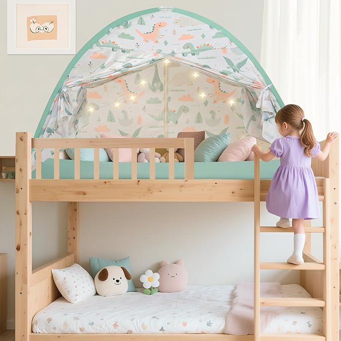 Twin Bed Tent for Kids, Twin Size Bed Canopy with Star Lights, Privacy Space Blackout Sleeping Tents, Indoor Breathable Portable Bunk Bed Tent for Boys and Girls, Dinosaur