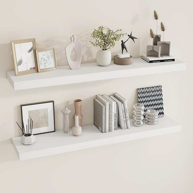 Dreamland 48 inch Floating Shelves for Wall Large Wall Mounted Shelves with Invisible Brackets, White Long Shelves for Bathroom, Living Room, Kitchen, Office, 48x9.1 inch deep Set of 2