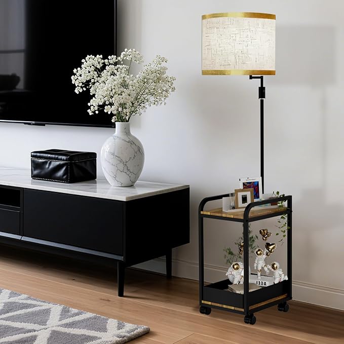 Lightdot 63IN Floor Lamps with Storage Table&Basket, Modern Standing Tall Lamps with Adjustable Fabric Lampshade and Movable&Fixed Casters, Coner End Table Lamp for Living Room/Bedroom/Office-Black