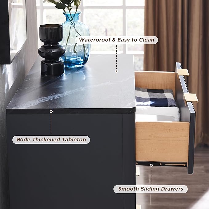 T4TREAM Fluted 5 Drawers Dresser, 48" Tall Modern Chest of Drawers with Faux Marble Top, Curved Profile Design, Wood Drawer Organizer for Bedroom, Living Room, Hallway, Entryway, Dark Grey