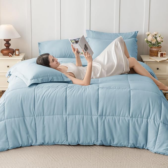 JOLLYVOGUE California King Comforter Set, Ultra-Soft Bed in a Bag Cal King Size 7 Pieces, Oeko-TEX Certified Bedding Set with Down Alternative Comforter, Sheets, Pillowcases & Shams, Lake Blue