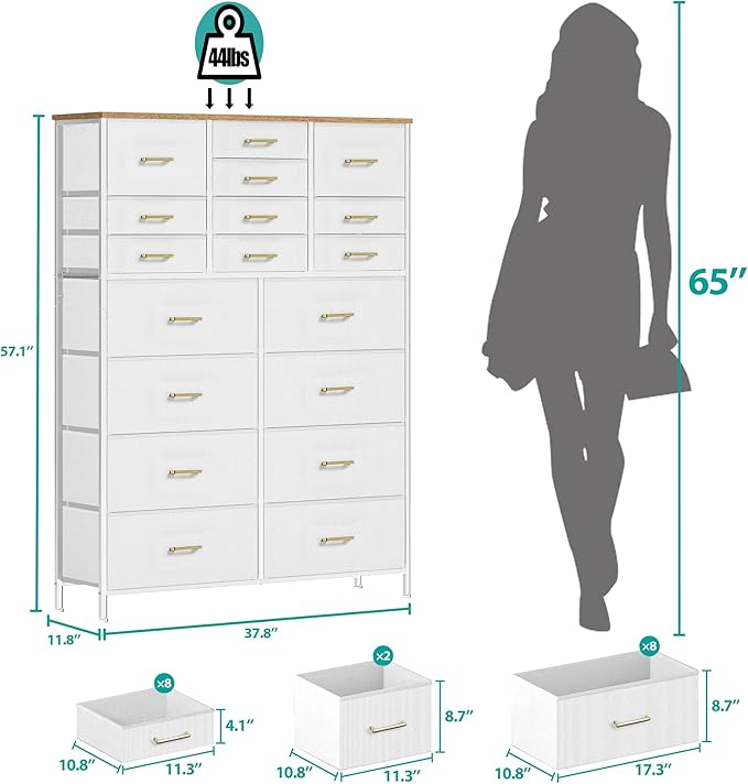 Modern Chest of Drawers for Bedroom，Tall White Fabric Dresser with 18 Deep Drawers, Large Vertical Storage Organizer Cabinet for Closet, Nursery, Office