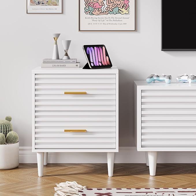 Alohappy Mid Century Modern Nightstand, Fluted Bedside Table with Storage Drawers, End Table for Bedroom, Living Room, White 1pc