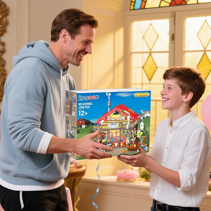 Country General Store Building Set for Adults with Lights, 1709 PCS Vintage Shop House Construction Building Block Kit, Home Decor Cabin Architecture Model for Women Men Teens Boys Girls 12+