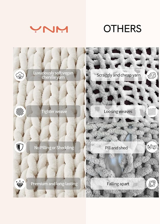 YnM Chunky Throw Blanket, Hand Knitted with Chenille Yarn, Skin Friendly, Ventilated and Breathable, Machine Washable, Home Décor Piece for Couch, Sofa and Bed (Butter Cream, 30x40 Inch)