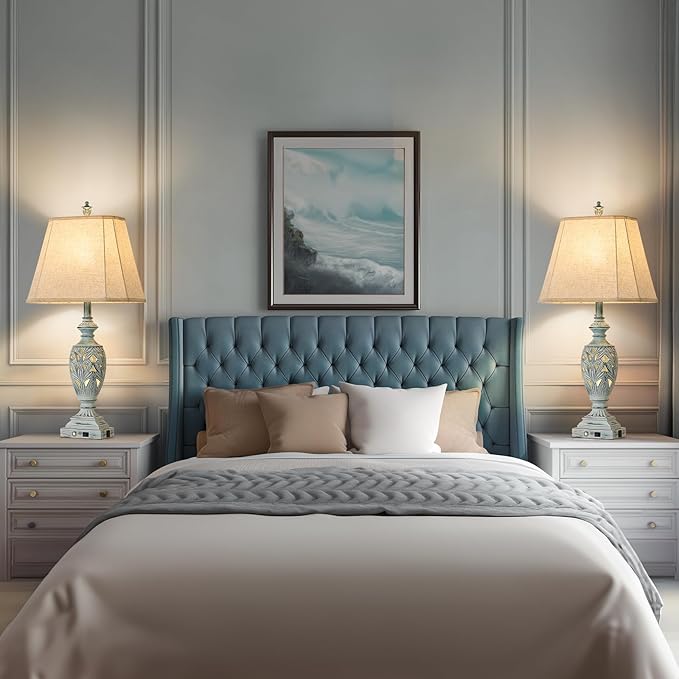 29.5"H Touch Control Traditional Table Lamp Set of 2,Vintage Bedside Lamp Nightstand Lamps with Dual USB Ports,3-Way Dimmable Hollow Out Leafwork Blue Washed Finish Desk Lamps for Living Room,Bedroom