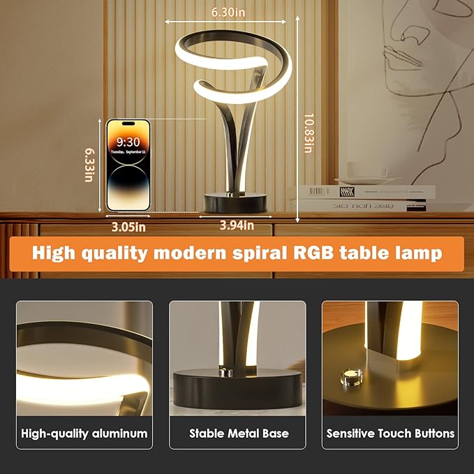 Modern Spiral RGB Table Lamp, Unique, 7 Colors 10 Light Modes LED, Touch Dimmable Cool Nightstand Lamps for Living Room Bedroom Office, Ideal Gift (Black)