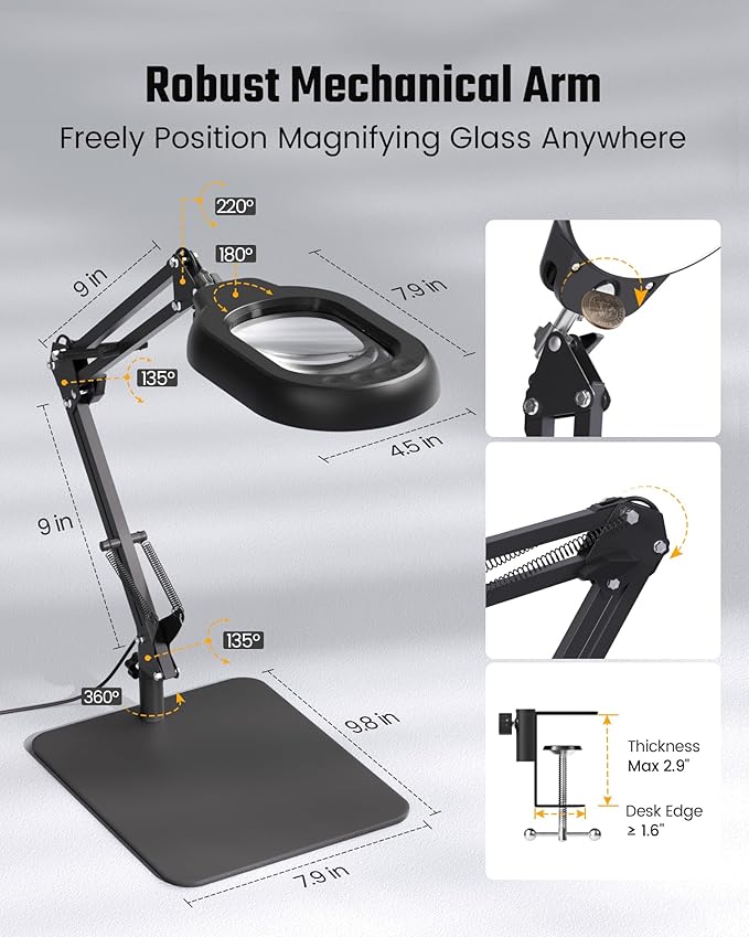 Magnifying Desk Lamp, 10X Square Magnifying Glass with Light and Stand, Dimmable LED Magnifier Lamp with Clamp and Base, Adjustable Swing Arm Light for Close Work, Reading, Crafting, Black