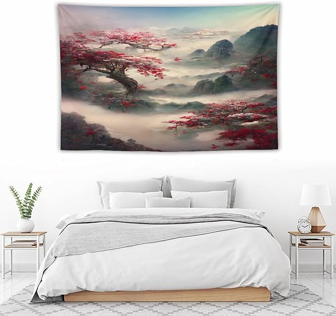 Japanese Tapestry, Red Plum Cherry Blossom Mountain, Asian Wall Art, Nature Landscape for Bedroom & Living Room Decor, 60"x40"