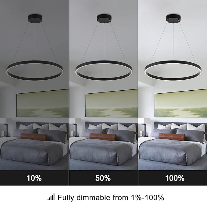 Modern Led Chandelier, 1 Ring Contemporary Led Chandelier Circular Pendant Light, Black Dimmable Hanging Ceiling Light Fixture for Living Room Dining Room Bedroom Kitchen