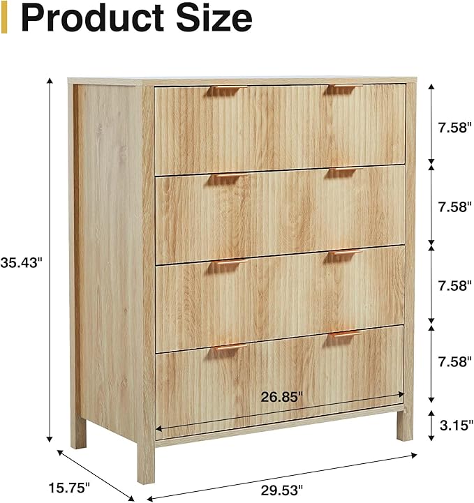 4 Drawer Dressers for Bedroom, Modern Closet Chest of Drawers with Waveform Fluted Panel, Large Wood Storage Dresser Organizer for Nursery Bedroom Living Room Hallway Closet, Natural