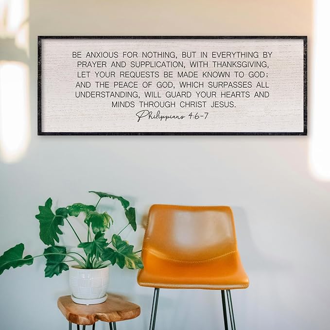 LuZhiQiang Be Anxious for Nothing Wall Decor 32"×12" Philippians 4:6-7 Bible Verse Sign Large Christian Scripture Wood Framed Hanging Decor (Black)