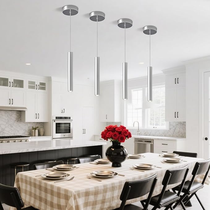 Modern LED Pendant Light Fixtures Chrome Long Tube Pendant Lights 2 Pack Pendant Lighting for Bedroom Dining Room Bar Kitchen Island Hanging Light Height Adjustable, 3000K
