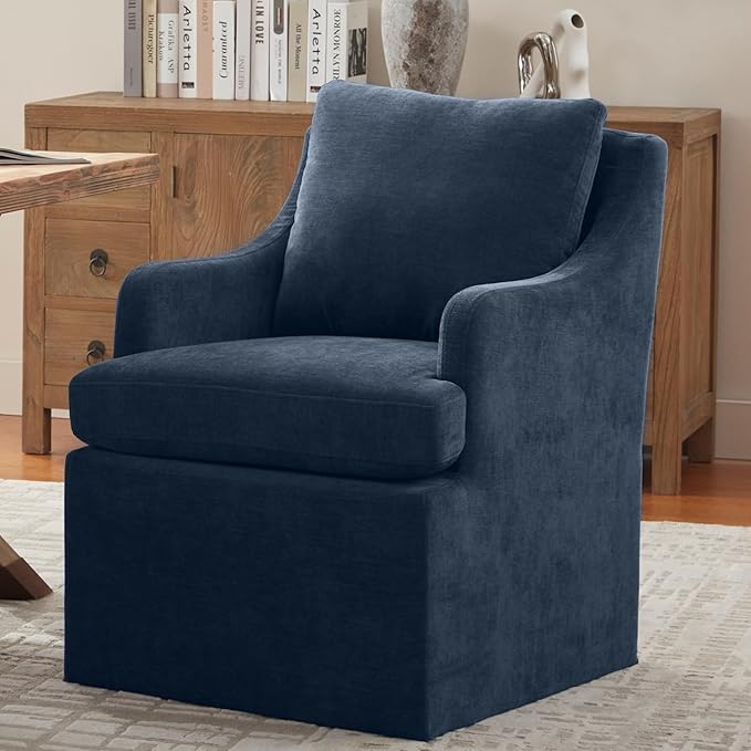 VKNOW Upholstered Dining Chairs Set of 2, Modern Kitchen Chairs Dinner Chairs with 4 Casters, Linen Armchair for Bedroom Reading Room Living Room, Navy