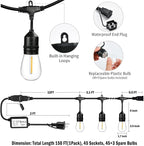 1-Pack 150 ft Outdoor String Lights with Remote Patio Lights Weatherproof, 45+3 Spare S14 Shatterproof Warm 2200K Bulbs, 3 Lighting Modes&Dimmable&Timer