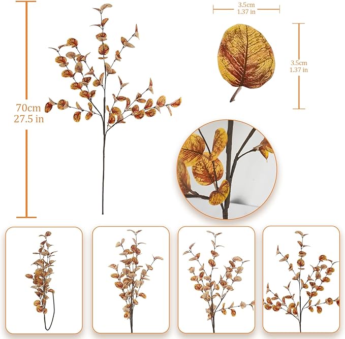6pcs Artificial Fall Eucalyptus Stems Leaves Fall Decorations Silk Fake Eucalyptus Branches for Vase Boquets Autumn Home Wedding Table Thanksgiving Decor Yellow