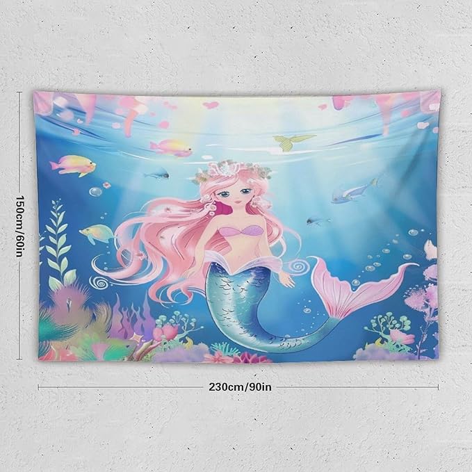HZOHNAGO Mermaid Girls Tapestry Watercolor Mermaid Princess Pattern Printed Wall Tapestry Wall Hanging for Bedroom Living Room Dorm 90" W x 60" H