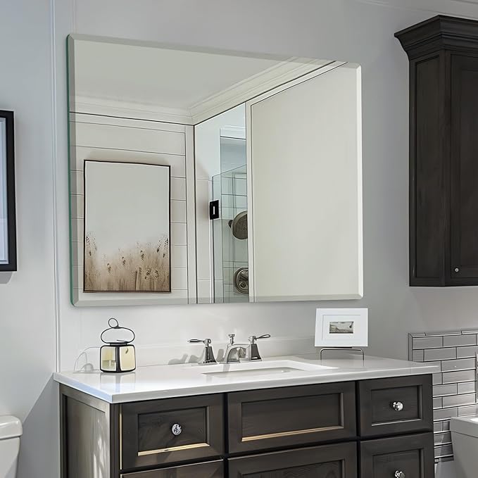 Mirrorons Beveled Mirror, Wall Mirror 40" x 32", Frameless Rectangle Bathroom Mirror with Beveled Edge, Hangs Horizontally or Vertically. Rounded Corner Tempered