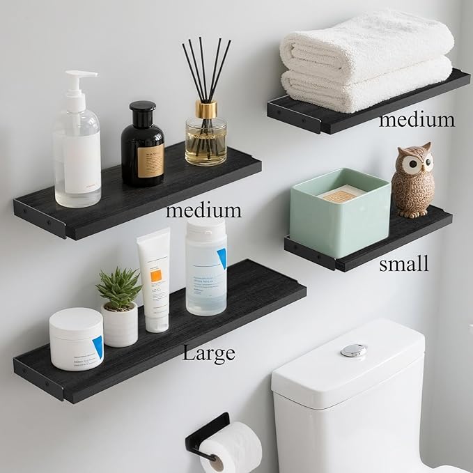 BAYKA Wall Mounted Floating Shelves, Wood Floating Wall Shelf for Books & Decor, Small Space-Saving Display & Organizer（Black，Set of 4）