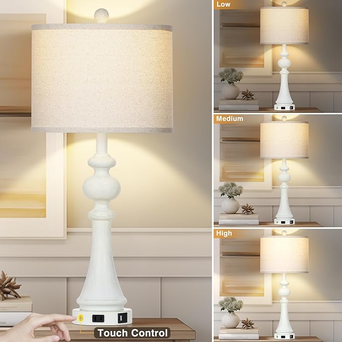 28" Farmhouse Lamps Set of 2 with USB A+C Fast Ports & AC Outlets, Vintage Rustic 3-Way Dimmable Touch Control Table Lamps, Rustic Traditional Bedside Nightstand Lamp for Living Room Bedroom White