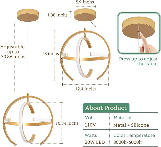 Modern Gold LED Chandelier, Dimmable Metal Brushed Globe Pendant Lights, Hanging Ceiling Light Fixture for Kitchen Island Living Room Room Dining Bedroom Hallway Entryway Foyer 13 Inchs