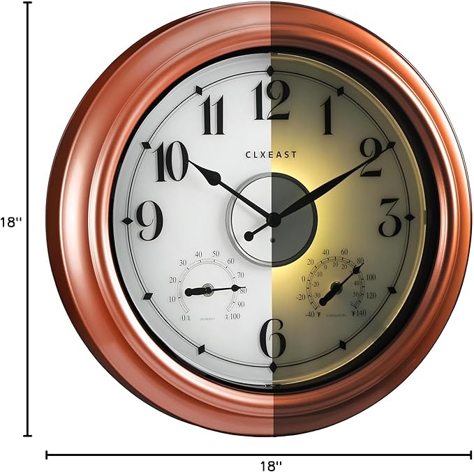 CLXEAST 18 Inch Illuminated Outdoor Indoor Clocks with Smart Sensor,Modern Farmhouse Lighted Wall Clock with Temperature and Humidity for Patio, Garden Decor,Copper/Rose Gold Finish