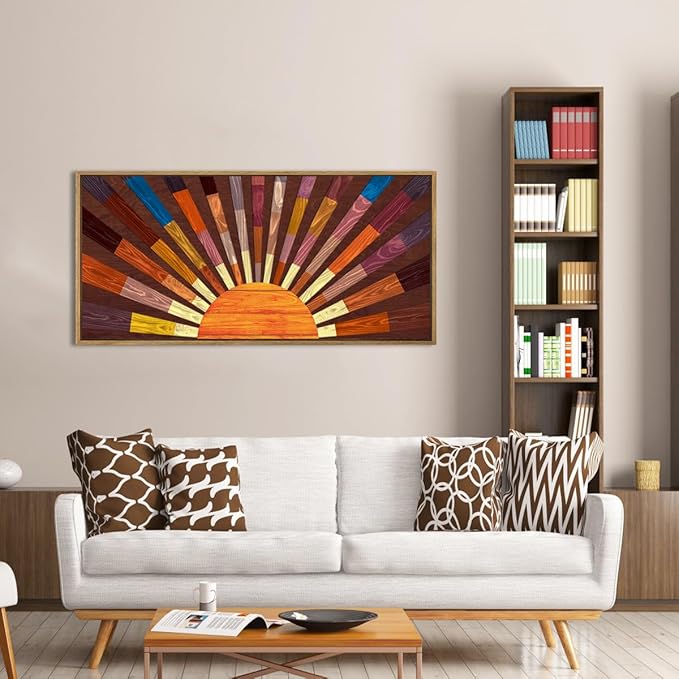 IARTTOP Extra Large Boho Sun Wood Wall Art for Living Room Wooden 3D Framed Abstract Sun Rising on the Horizon Geometric Wall Decor Mid century Sunshine Artwork Home Bedroom Office20 * 40 Inch