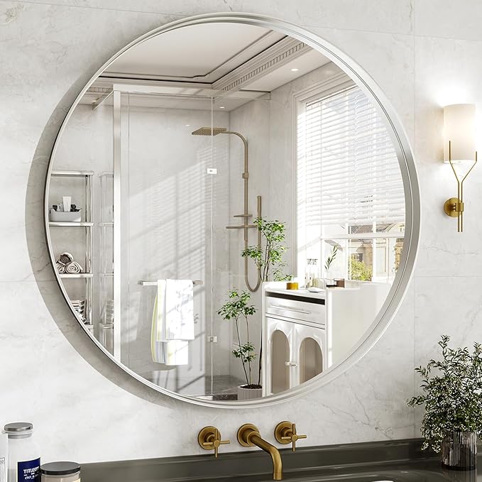 48 Inch Round Bathroom Mirror - Wall Mounted Circle Mirror with Metal Frame, Modern Mirror Suitable for Bathroom, Vanity, Entryway, Living Room, Wall Decor,Silver