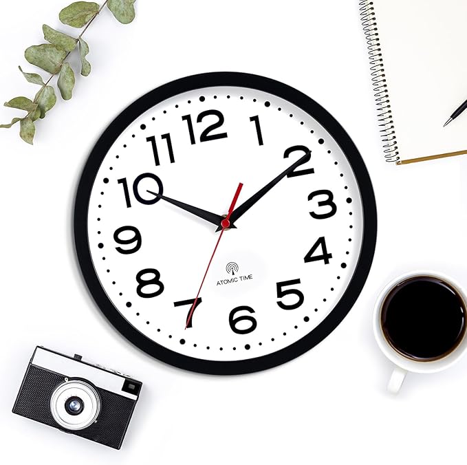 Atomic Wall Clock 14 Inch, Modern Clock Battery Operated Classic Analog Decorative for Kitchen, Living Room, Office, Bedroom, Bathroom (Black)