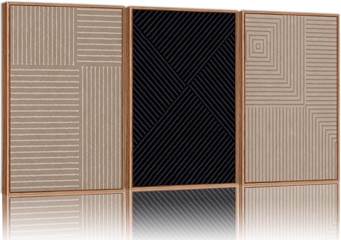 Tinonedraw Mid Century Modern Framed Canvas Wall Art Set of 3, Neutral Abstract Art Prints, Black and Brown Geometric Minimalist Wall Decor for Living Room Bedroom Office Dining Room 16"x24"x3