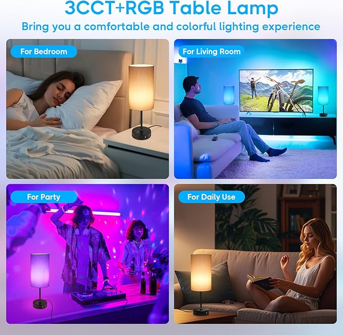 Unicozin Table Lamp, 3 CCT 3000K/4500K/6500K & RGB Color Changing, Stepless Dimmable, 17Inch Bedside Lamp for Reading, Ambience Nightstand Light for Home Decor Party, Grey Shade