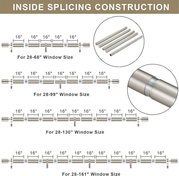 Curtain Rods for 28-99” Windows, Splicing Construction, 1” Adjustable Drapery Rod with Aluminum Alloy Brackets and Finials for Window, Sliding Door, Patio, Living Room Decoration, Brushed Nickel