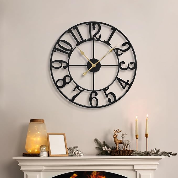LEIKE Large Wall Clocks,Silent,Non Ticking,Battery Operated Big Retro Round Modern Metal Wall Clock for Living Room, Bedroom,Dinning Room,Farmhouse,Office,Home Decor-20 Inch(Black-Arabic Number)