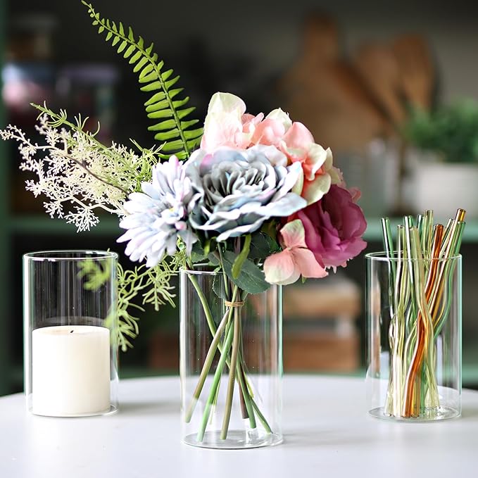 12Pcs Glass Cylinder vases for Centerpieces, 6 Inches Clear Bud Vases for Wedding Decorations,Floral Vase Bulk Flower vases,Tall Glass Hurricane Candle Holder for Table Shelf, Party.