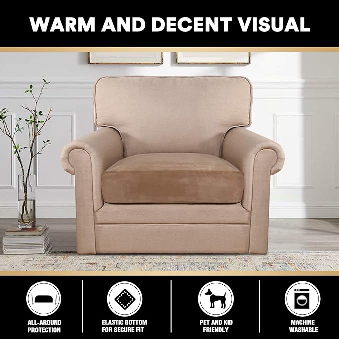PrinceDeco Stretch Velvet Couch Cushion Cover,Soft Cushion Slipcover for Chair Cushion Furniture Protector Seat Cushion Sofa Cover Width Up to 29.5", Camel