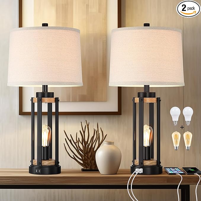 Farmhouse Table Lamps for Living Room Set of 2, 26” Rustic Beside Lamps with USB Charging Ports and Night Light, Bedroom Nightstand Lamp Vintage Reading Lamps for End Table,Bulbs Included
