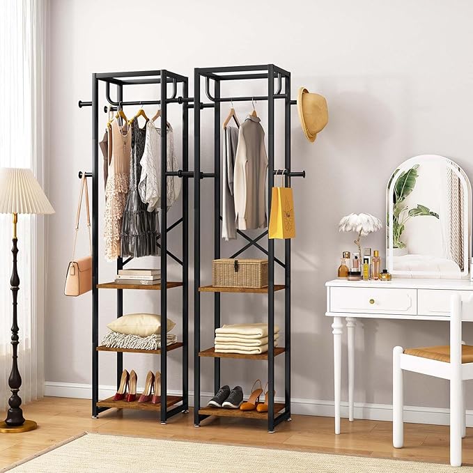 IBUYKE Coat Rack with Shelves, Freestanding Hall Tree with 3 Shelves and 8 Hooks, Industrial Clothes Stand for Entryway, Hallway, Bedroom, Rustic Brown UTMJ088H