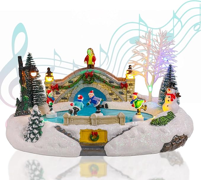 Vigdur Christmas Snow Village - Animated Christmas Village Skating Pond with Colorful Lights & 8 Xmas Music, Rotating Skier, USB&Battery Powered Christma Collectible Buildings for Home