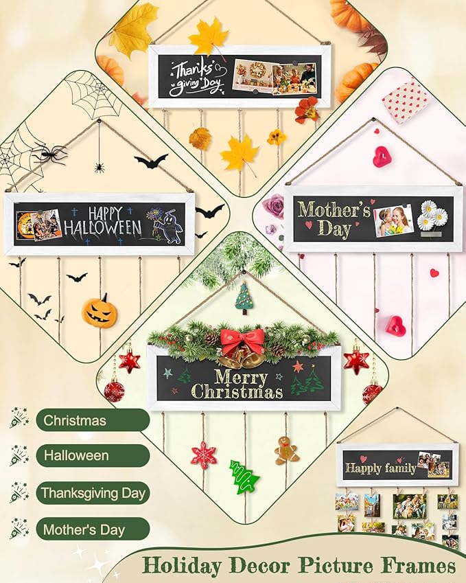 Bikoney Picture Frames Collage Wall Decor Photo Hanging Display Picture Board Wood Rustic Frames for Home Dorm Room Decor with Blackboard and 30 Clips White