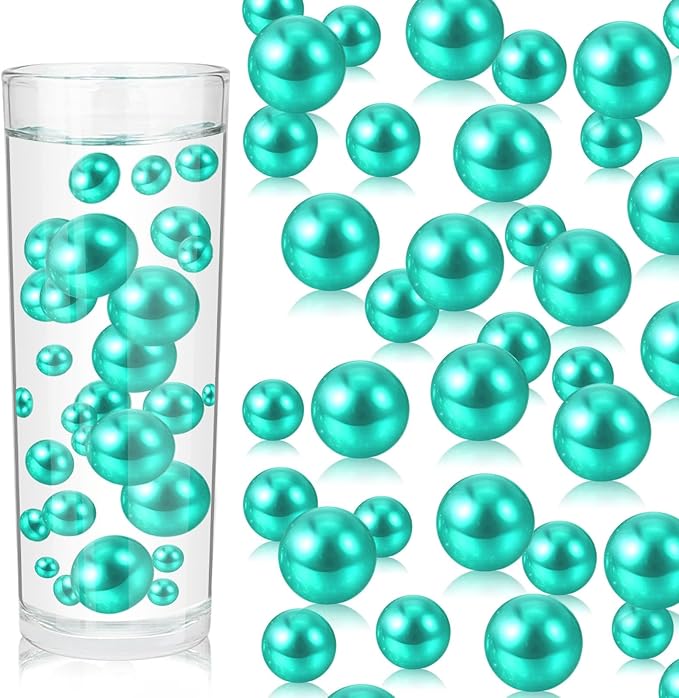 200PCS Lake Green Faux Pearls Beads for Centerpiece Vases, Vase Filler Faux Pearls, No Holes Filler Beads for Party Anniversary Birthday Wedding Table Decor, 10/14/20/30mm