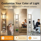 OUTON Floor Lamp with Shelves, LED Shelf Floor Lamp with 1 USB & 1 Type C Ports, 1 AC Outlet, 3 Color Temperature, Storage Display Wood Column Tall Standing Lamp for Living Room, Bedroom Office, Grey