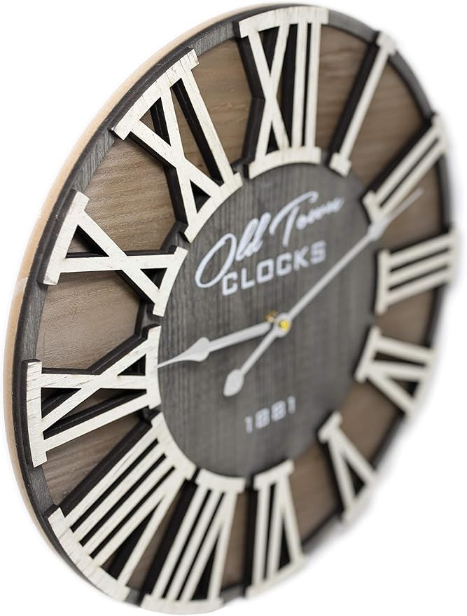 24" Rustic Farmhouse Roman Wooden Wall Clock Silver Hands (Whitewood Lettering, 24 inch)