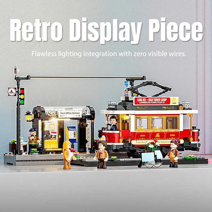 Heritage Tram and Station Lighting Building-Bricks Set - 1274 Pcs City Streetcar Modular Collection Old Town Downtown Display Model for Adults & Teens & Tram Enthusiasts
