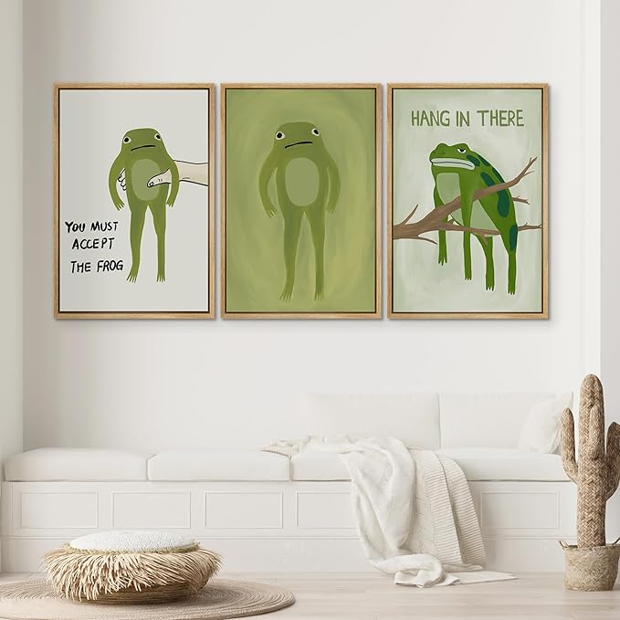 SIGNWIN Framed Canvas Print Wall Art Whimsical Frog Humorous Green Frog Photography Modern Art Minimalist Black and White for Living Room, Bedroom, Office - 24"x36"x3 Natural